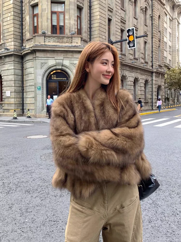 Vintage Faux Fur Cotton-Padded Jacket Men Petite Cropped Brownish Fluffy Coat Autumn Winter Ombre Frosted Fox Fur Coat Parkas