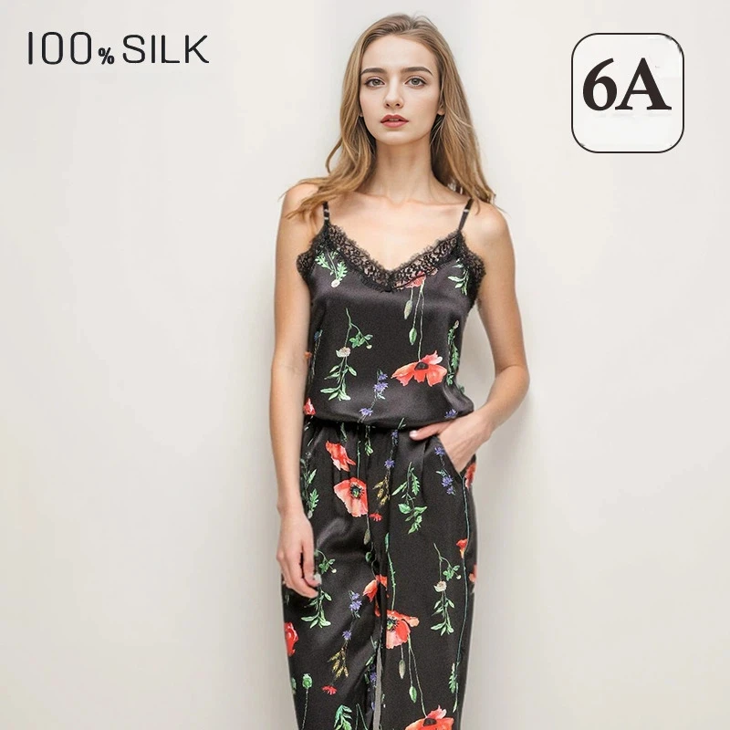 Women's Luxury Mulberry Silk Pajamas Set Sling Long Pants Cool Soft Comfortable Sleepwear Loungewear for Ultimate Relaxation