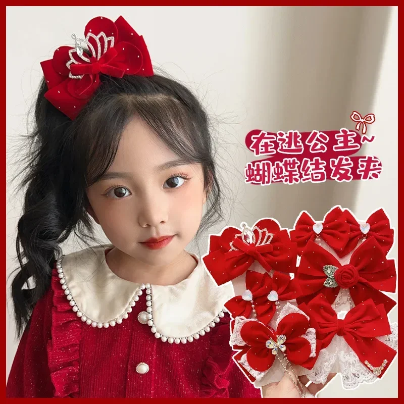 Ancient Style Girl Hair Clip Chinese New Year Hair Clip Hanfu Girl Red Crown Top Clip Children\'s Hair Accessories