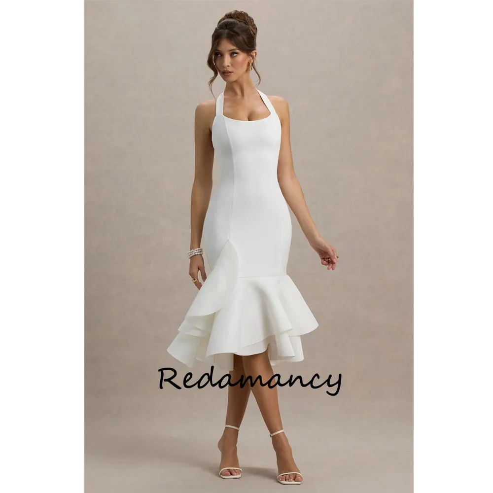 

Redamancy Customized Ivory Crepe Evening Dress Halter Tea-Length Mermaid Party Dress Elegant Backless Sleeveless Prom Dress