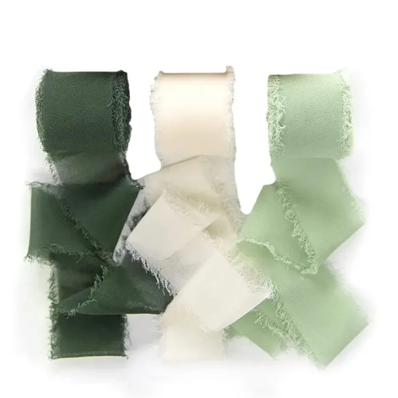 3 Rolls Handmade Fringe Chiffon Silk Ribbon Gauze White & Green Ribbons Set For Wedding Gifts Wrapping DIY Decorations