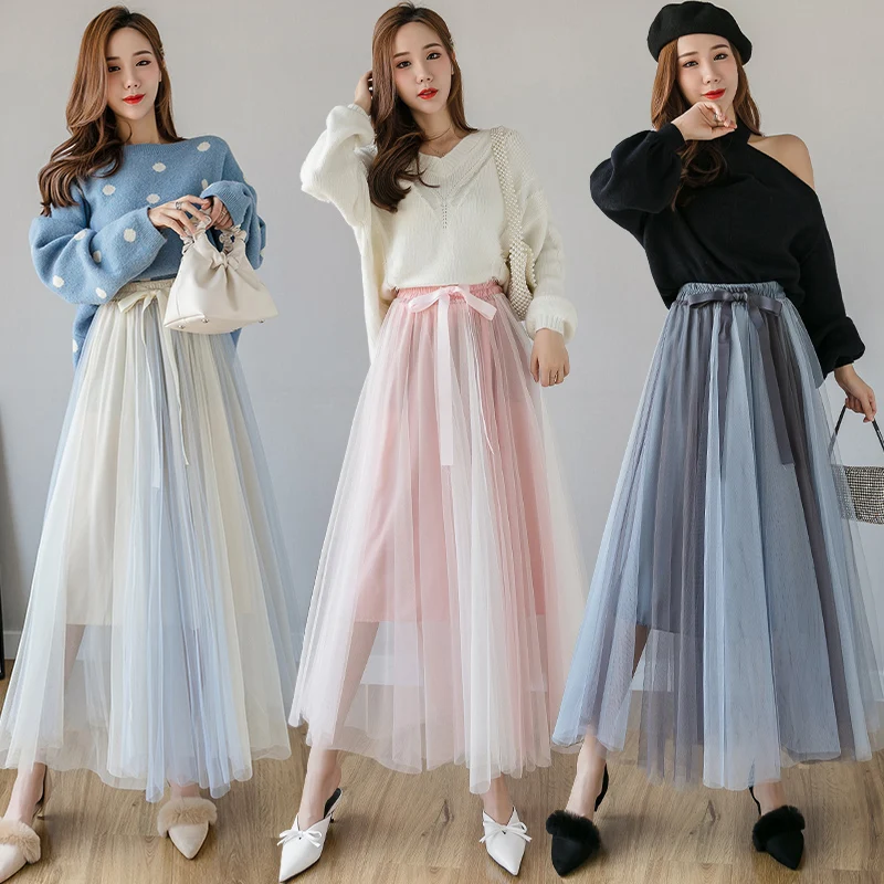 Spring Autumn Belted Contrast Color Long Tulle Skirts Womens Korean Style Cute Gray Pink Black Blue Mesh A-line Skirt Straight