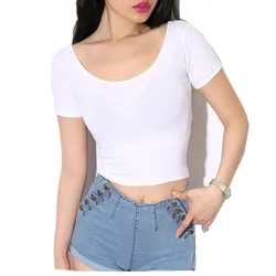 Women's Shirt White Tight Short Paragraph Navel T-shirt Female Collar Slim Sexy Short Sleeve Stitching T-shirt , dropshipping