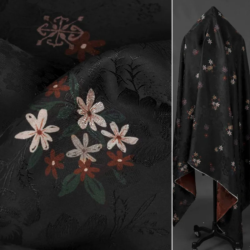 Tela Brocada Jacquard Vintage Negra con Pequeñas Flores, Estilo Chino, para Vestido Hanfu, Cortina, Mantel, Material para Manualidades Caseras DIY