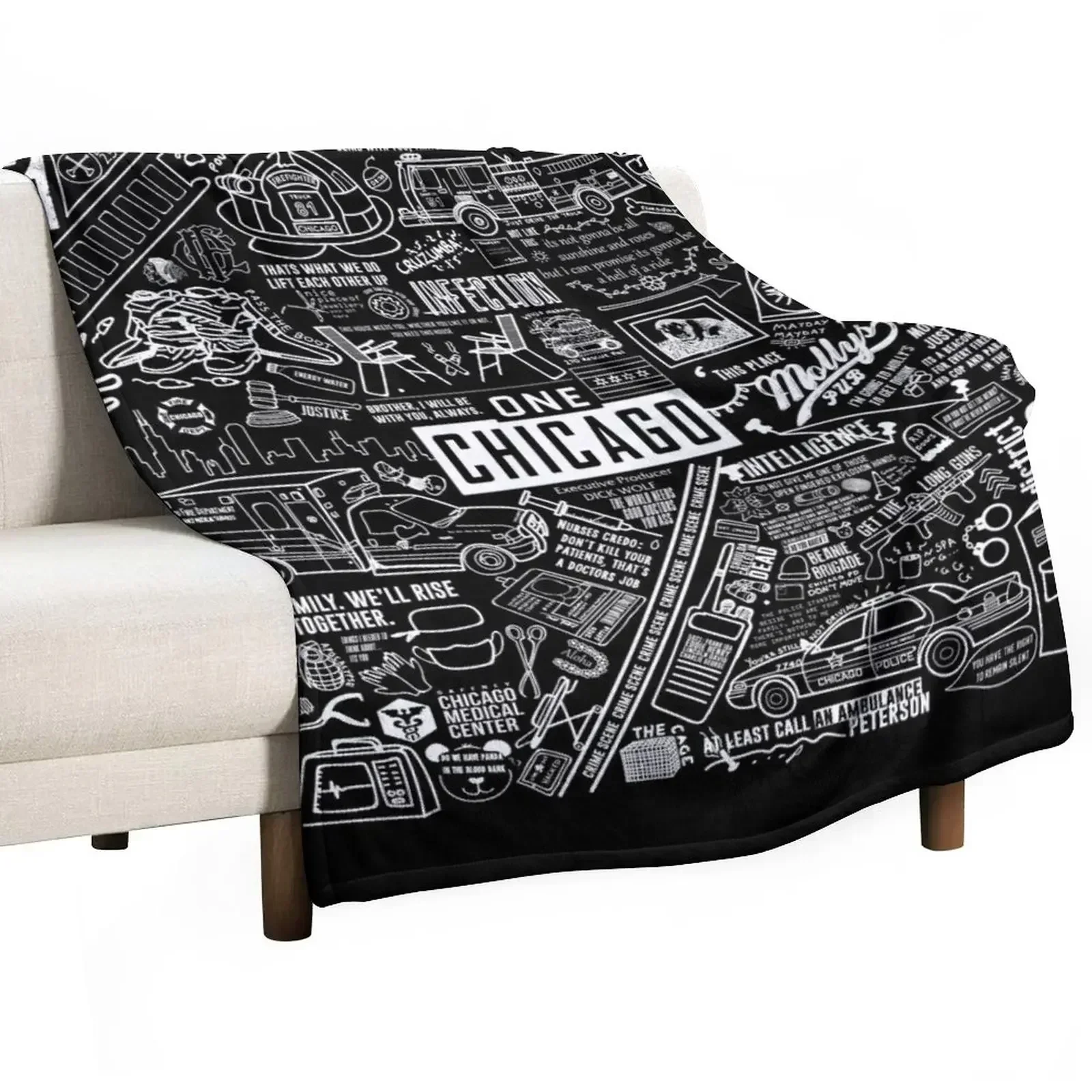 

ONE CHICAGO COLLAGE on black Throw Blanket Large Plush Hairy Hairys Blankets