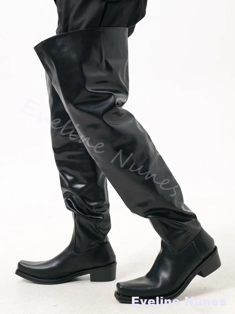 Upturned Toe Over the knee Boots Men Chunky Heel Square Toe Platform Trendy Black Leather Boots New Fashion Slip On Long Boots