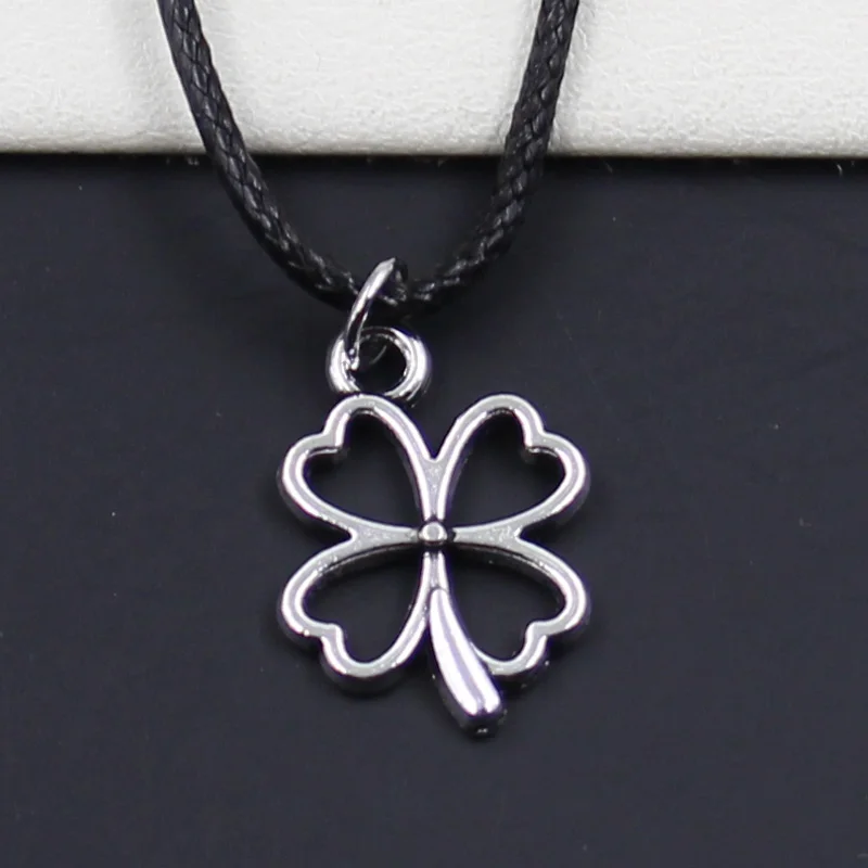 New Durable Black Faux Leather Lucky Irish Four Leaf Clover Pendant Cord Choker DIY Necklace Retro Boho Tibetan Silver Color