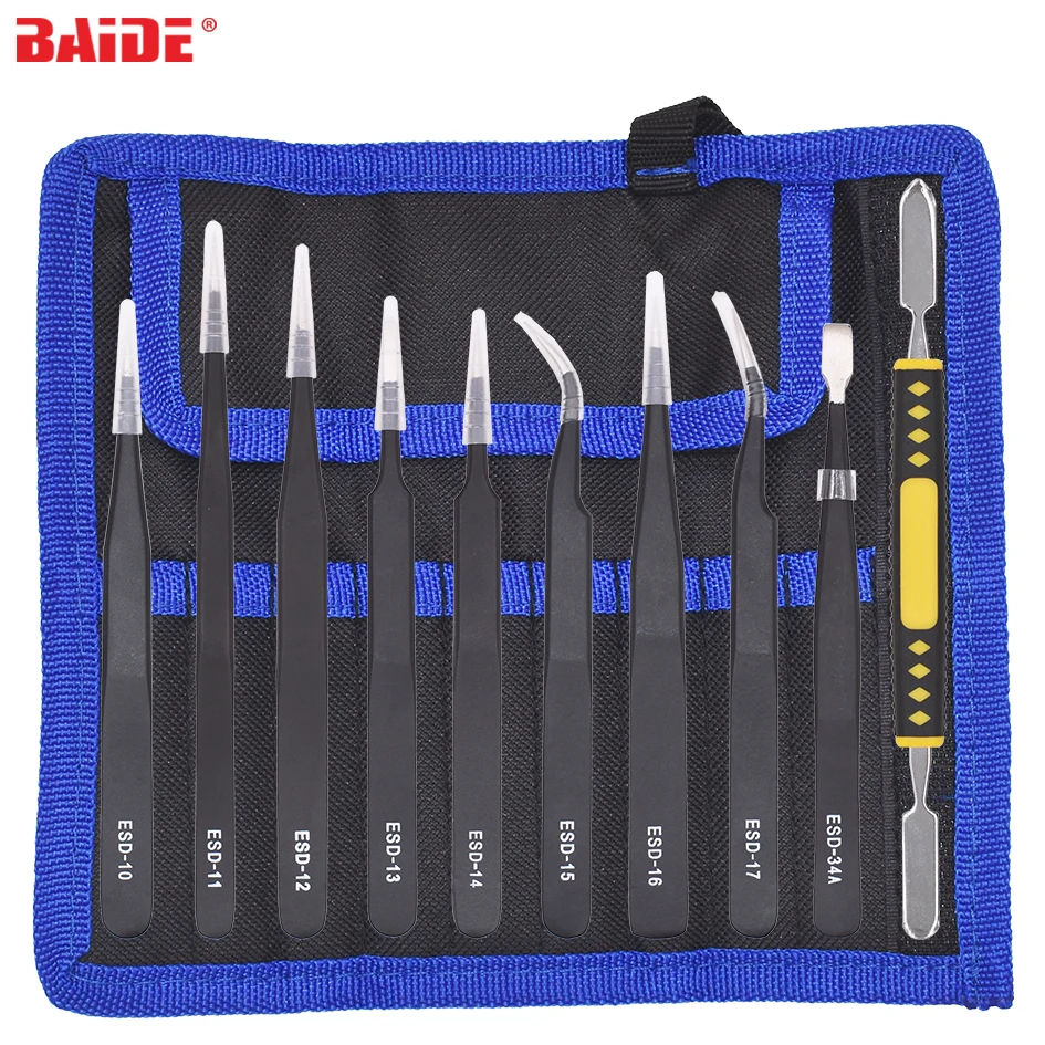9 in 1 Black ESD Tweezer Set With Oxford Bag Stainless Steel Nipper Tweezers 10 11 12 13 14 15 16 17 34A  for Cell Phone Repair
