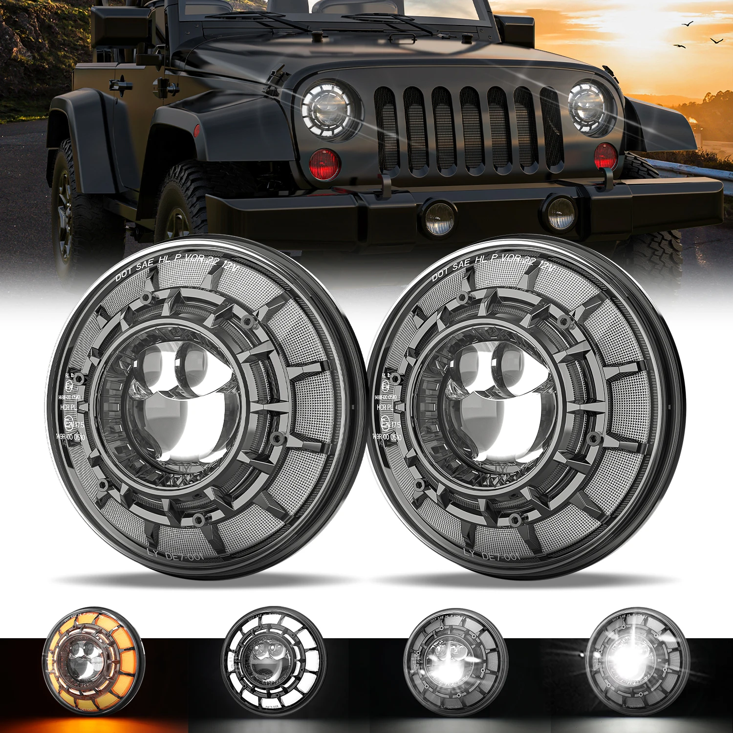 Emark Approved 7 Inch LED Headlight With Amber Turn Signal Light For  Jeep Wrangler TJ JK JL Lada Niva 4x4 Land Rover Defender