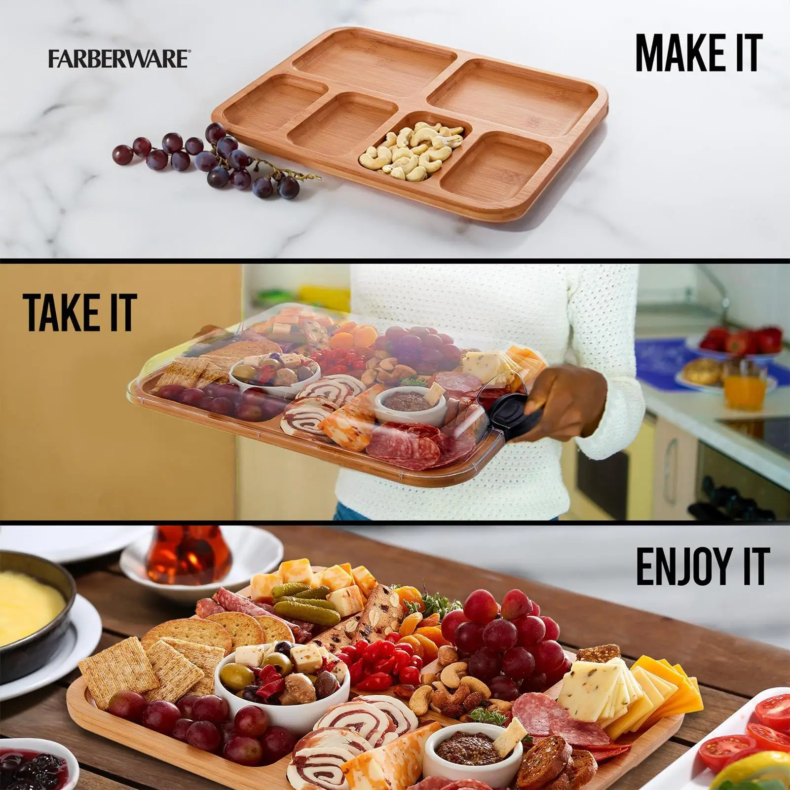 

Travel Charcuterie Board with Black handle reusable Wooden Cheese Charcuterie Board Box Serving Tray with Lid