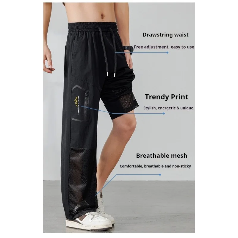 Men's Ice Silk Mesh Pants Summer Quick Dry Casual Trousers Loose Straight Leg Breathable Lightweight Pants Men