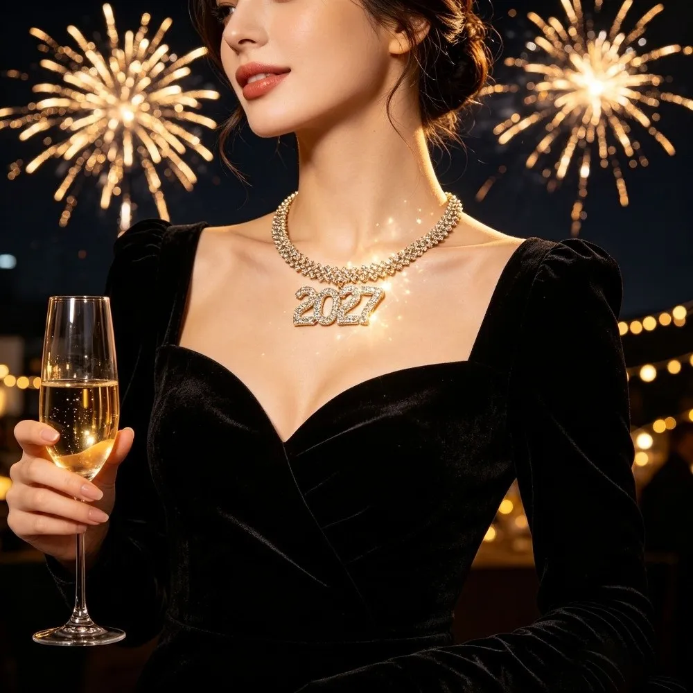 Elegant 2027 Digital Necklace Rhinestone Luxurious Happy New Year Necklace Number Pendant Shiny Collarbone Chain Choker