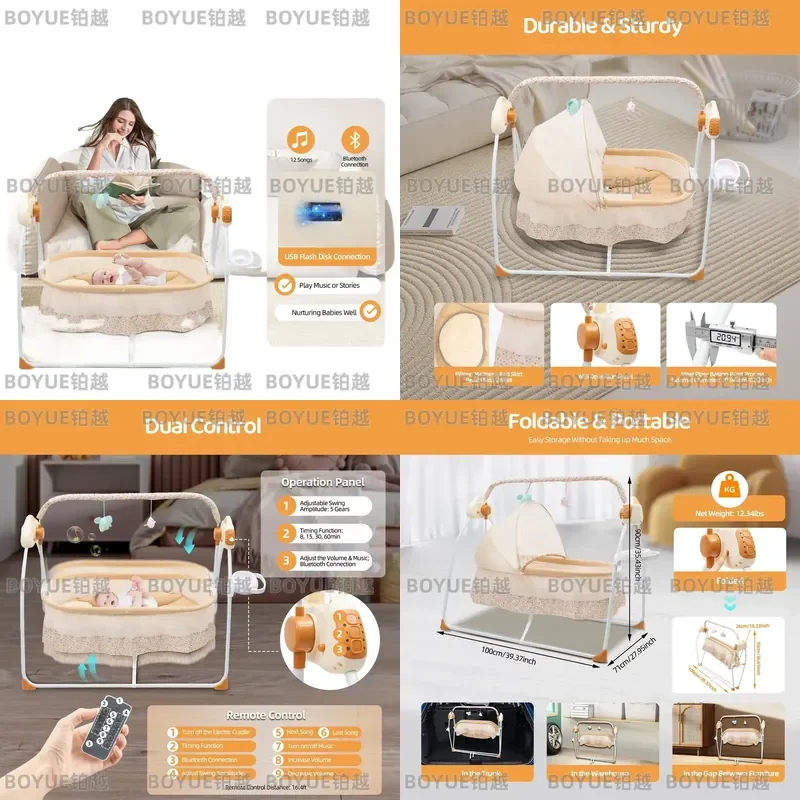 Electric Baby Crib Cradle, 0-18 MonthsInfant Bed Auto Swing with Remote Control&Music,25KG/55LBS Capacity,Foldable Baby