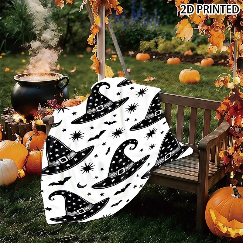 Black & White Halloween Themed Throw Blanket with Star Witch Hats, Bats, Crescent Moons & Starbursts Pattern, Multiple Specifica