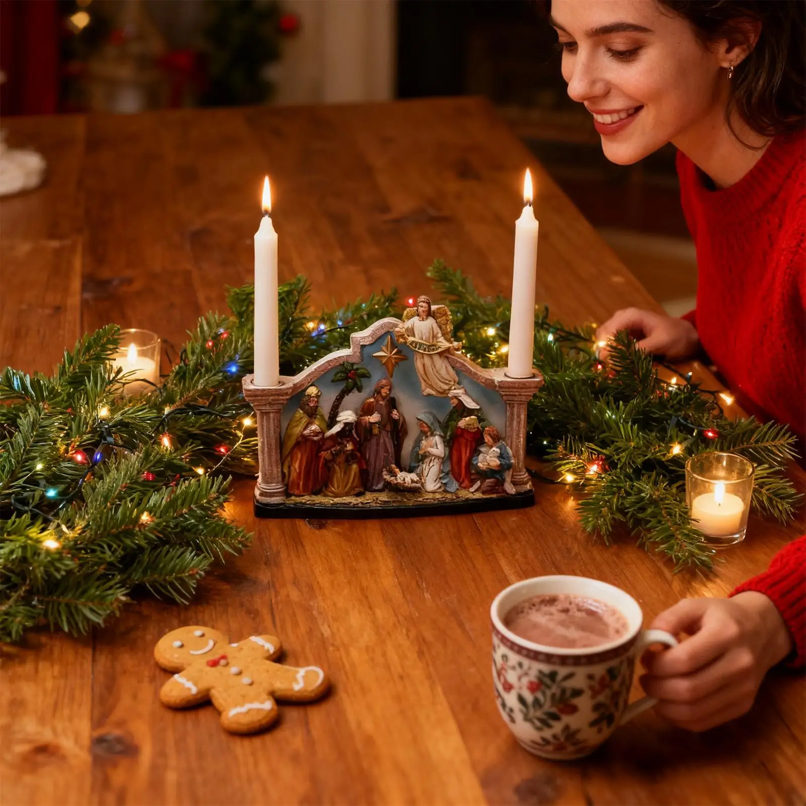 Nativity Candle Holder Christmas Candlestick Decorations Resin Nativity Statue Ornament Catholic Christian Home Candle Holder