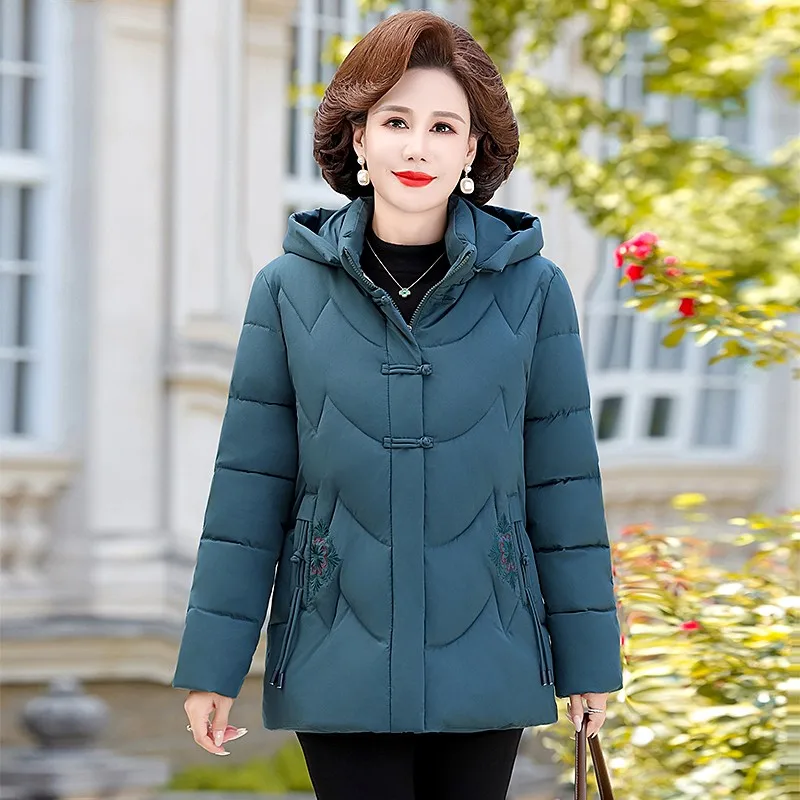 Women\'s Winter Puffer Cotton Padded Jacket Grandma Hooded Fleece Thick Parkas Warm Loose Retro Embroidery Snow Coat Loose Female