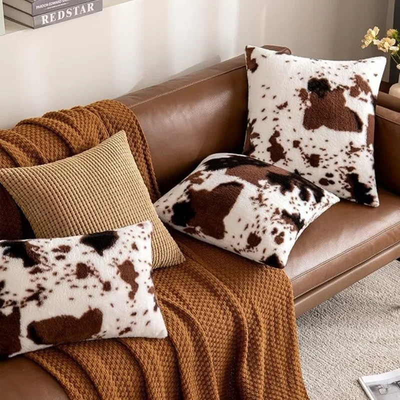 2pcs Double Sided Cow Print Plush Pillow Cover Super Soft Printed Sofa Decor Cushion Cover Literary Style