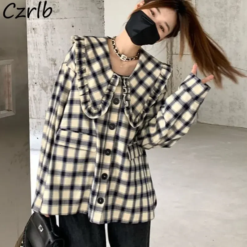 격자 무늬 셔츠 여성 피터팬 칼라 빈티지 패션 루즈 시크 카와이 한국 스타일 올 매치 학생 캐주얼 스트리트웨어 셔츠