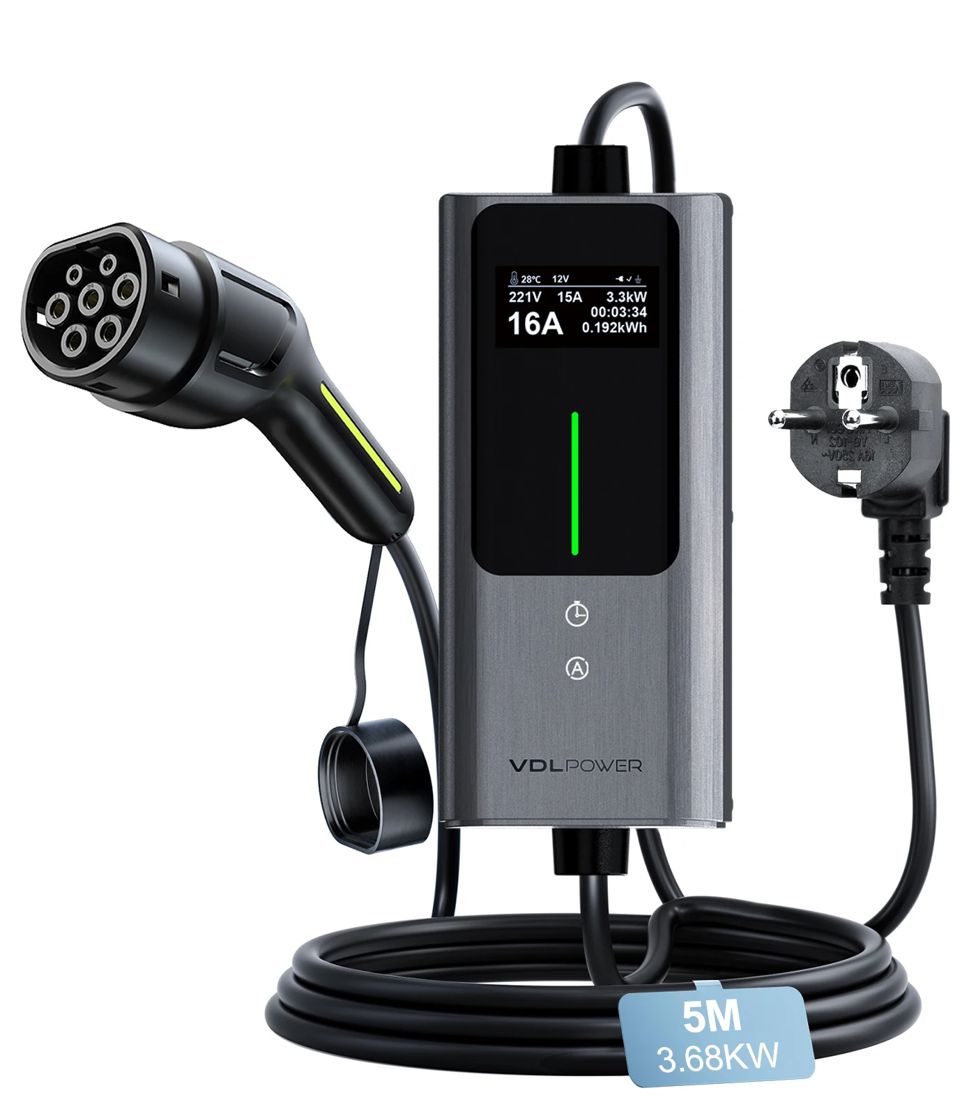 Chargeur pour voiture électrique, chargeur EV de 3,6 kW de type 2, courant réglable 6/8/10/13/16 A, câble de recharge de 5 m avec prise Schuko européenne, borne de recharge monophasée IP65
