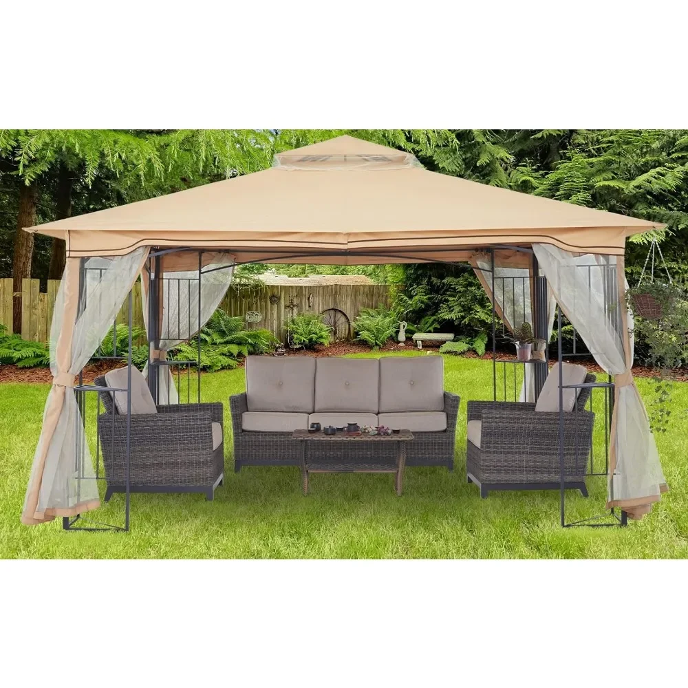 

Outdoor Waterproof Awning Patio Outdoor Gazebo with Netting Screen Walls and Corner Shelf Design (11x11 Beige) Canopy Tent Shade