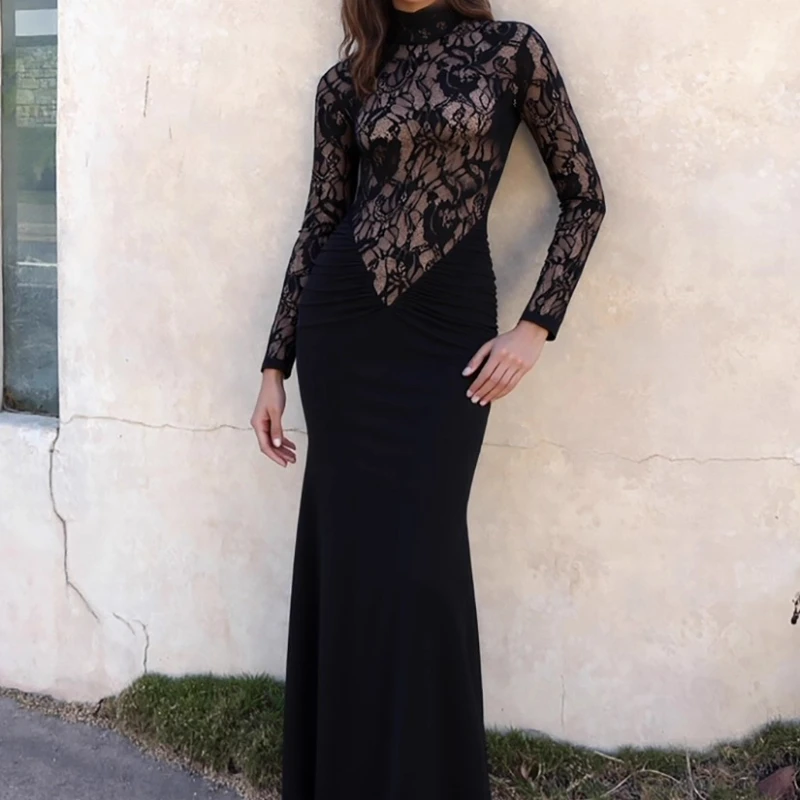 التصميم الأمريكي مثير تفريغ الدانتيل الربط الجاكار المرأة فستان الخريف جديد مطوي الوقوف طوق فساتين طويلة الأكمام السيدات