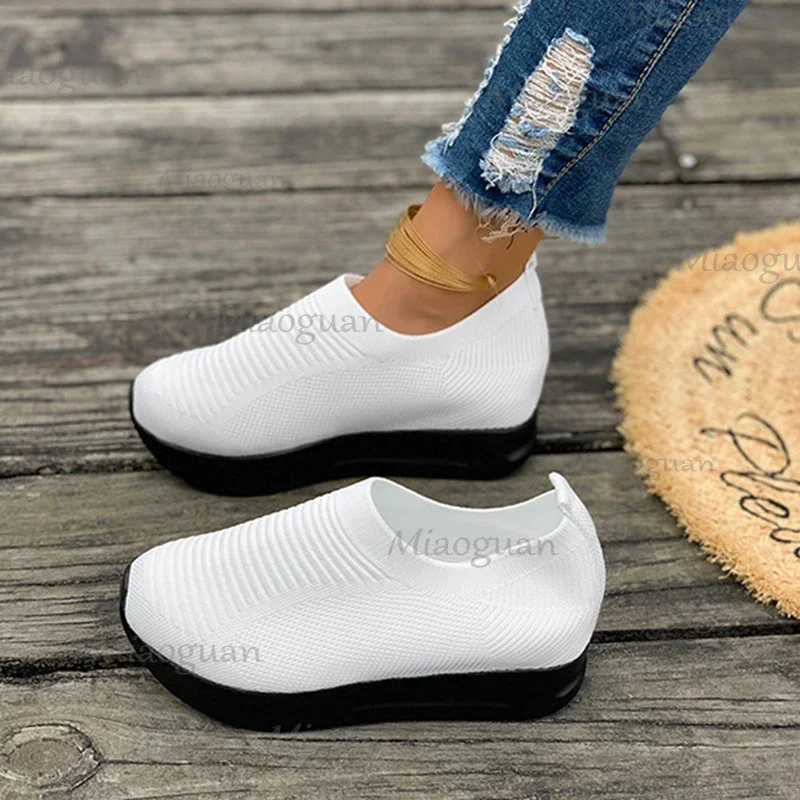 

Spring Summer Mesh Breathable Sneakers Casual Flat Bottom Slip on Women's Shoes Ladies Platform Knitted Sports Vulcanize Shoes