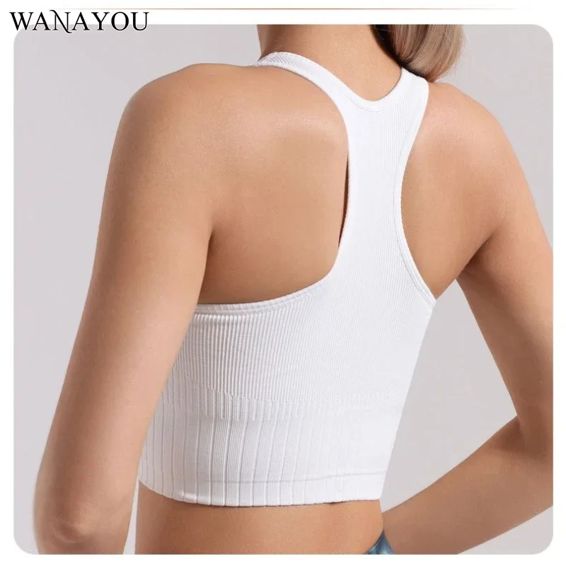 

WANAYOU Seamless Ribbed Women's Racing Back Yoga Bra with Built-in Padding, Quick Drying Elastic Sports Top, Fitness Vest