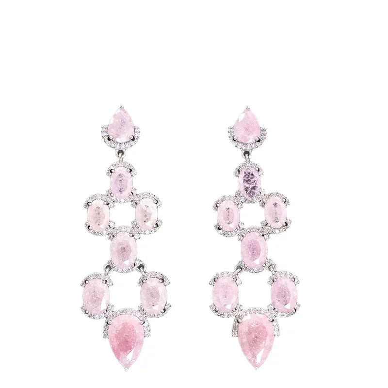 Cherry Blossom Powder Crystal Waterfall Tassel Earrings Light Luxury Premium Sense Earrings European Heavy Industry Zircon