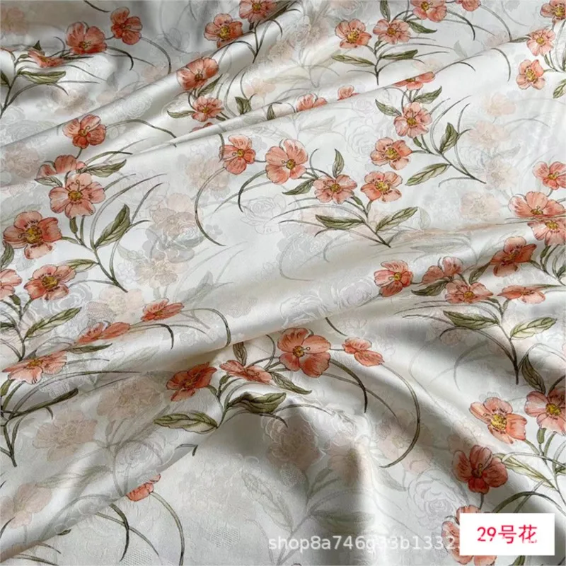 Verão 19 momme impresso estiramento jacquard tecido de cetim macio e suave vestido cheongsam de seda fluindo