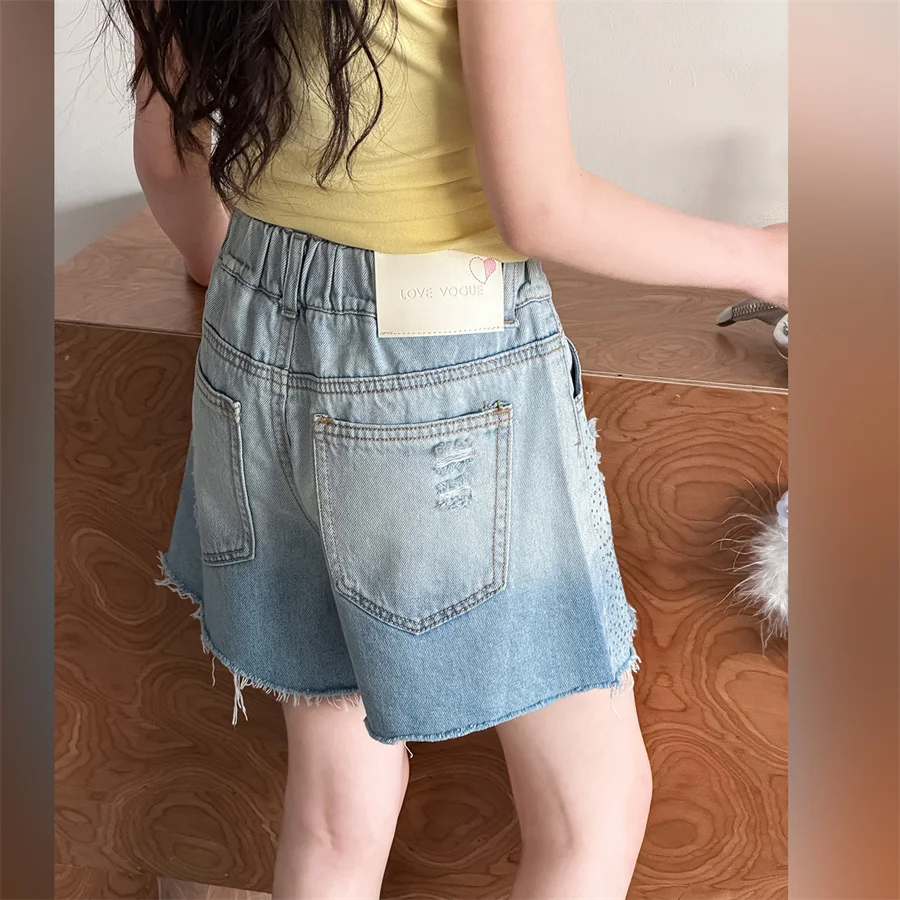 Street Style Kids Children New Summer Gradient Blue Denim Shorts with Rhinestones for Teen Girl Crystal Knee Length Jeans Shorts