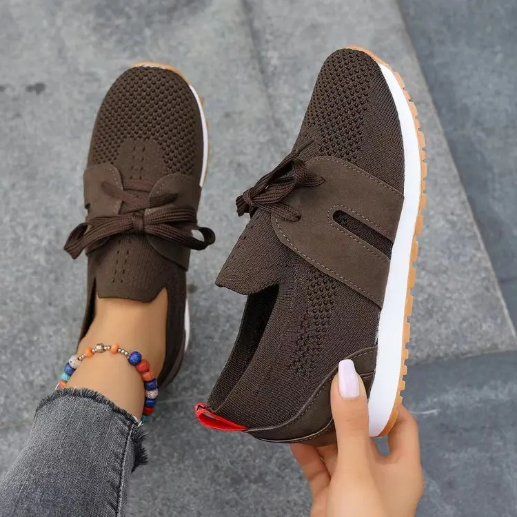 Brown Knit Breathable Sneakers Shoes Women   New Soft Sole Platform Flats Woman Plus Size 43 Non Slip Casual Shoes