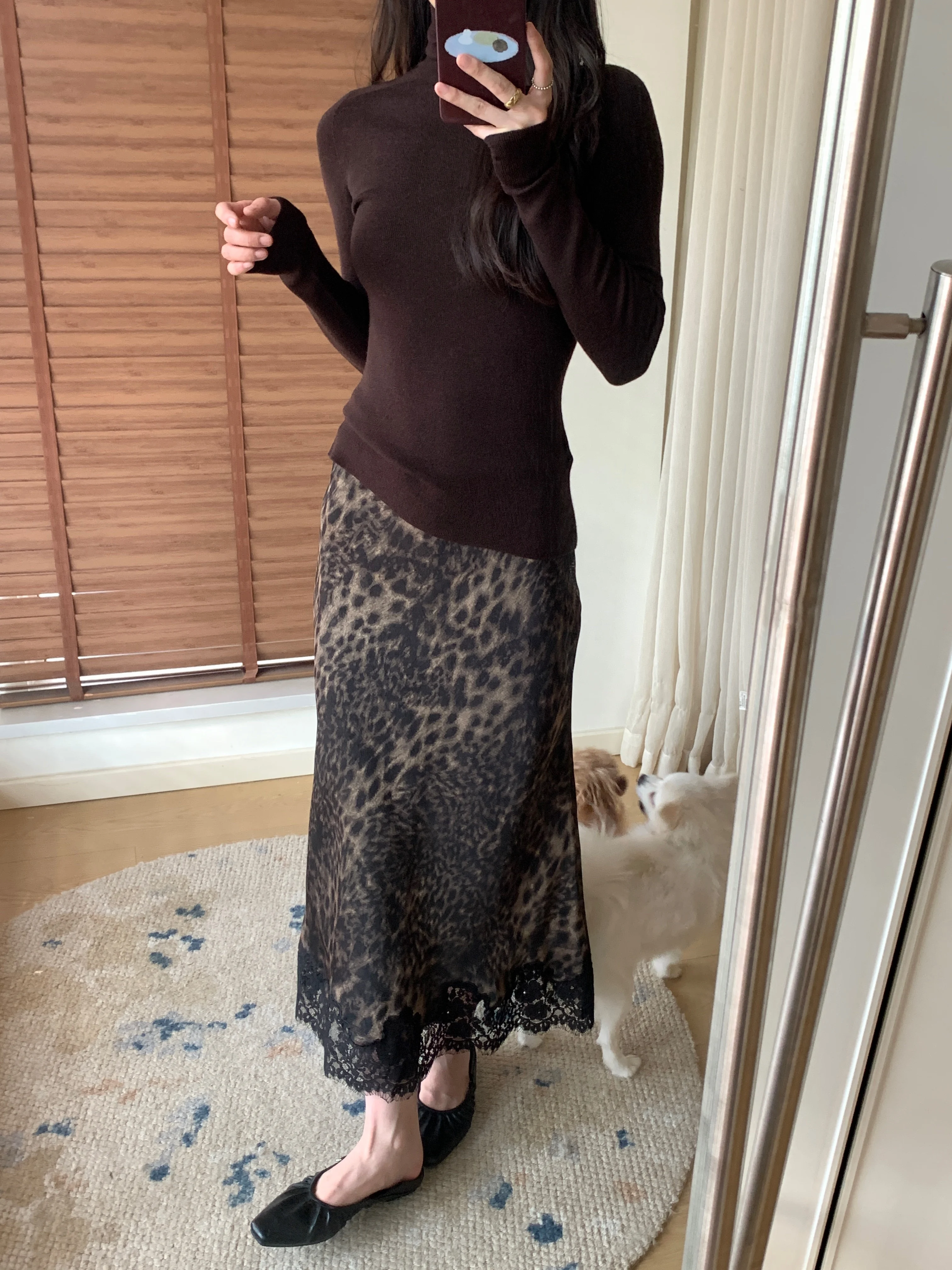 Trendy Leopard Print Lace Panel Midi Skirt Women's Spring Autumn New Style Versatile High Quality Half-length Skirt