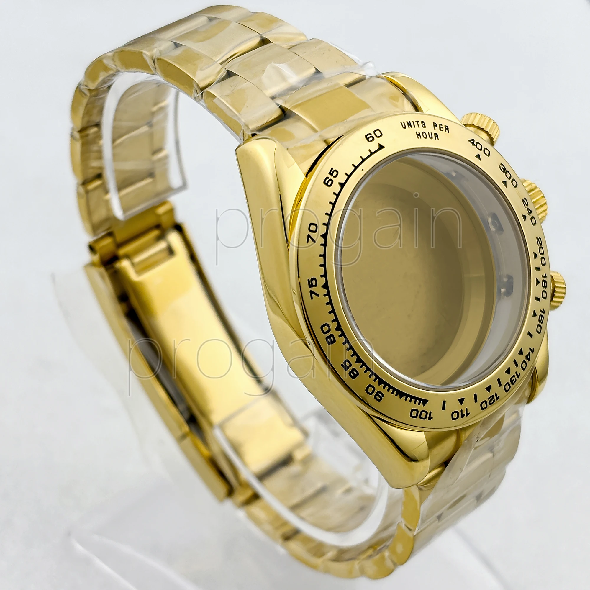 

39mm VK63 Case Strap PVD Gold Watch Stainless Steel Case Sapphire Glass Fit VK63 Quartz Movement Watch Accessories Parts