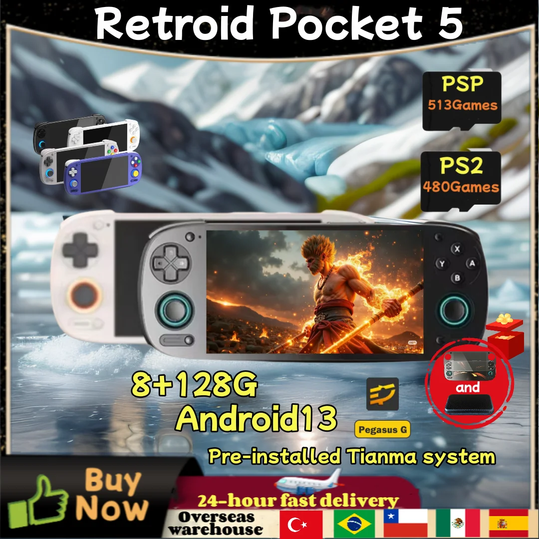 Retroid Pocket 5 RP5 Retro Handheld Game Video Player Console 5.5 Inch OLED HD Screen 8+128G Android 13 Wifi Bluetooth PSP PS2