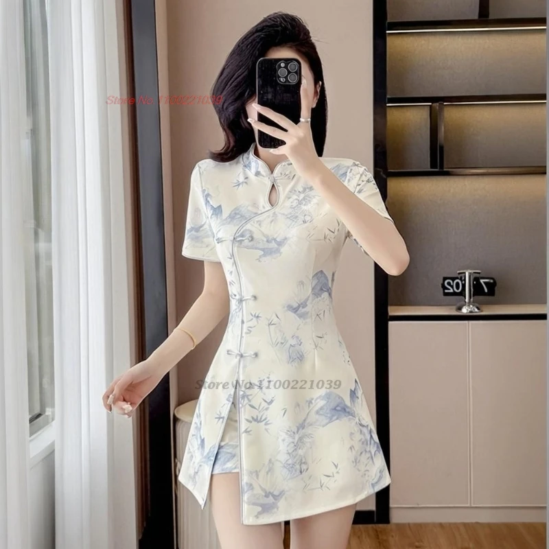 

2025 chinese nightclub nightclub dress cheongsam national flower print qipao dress+shorts hotel spa work dress beauty uniform