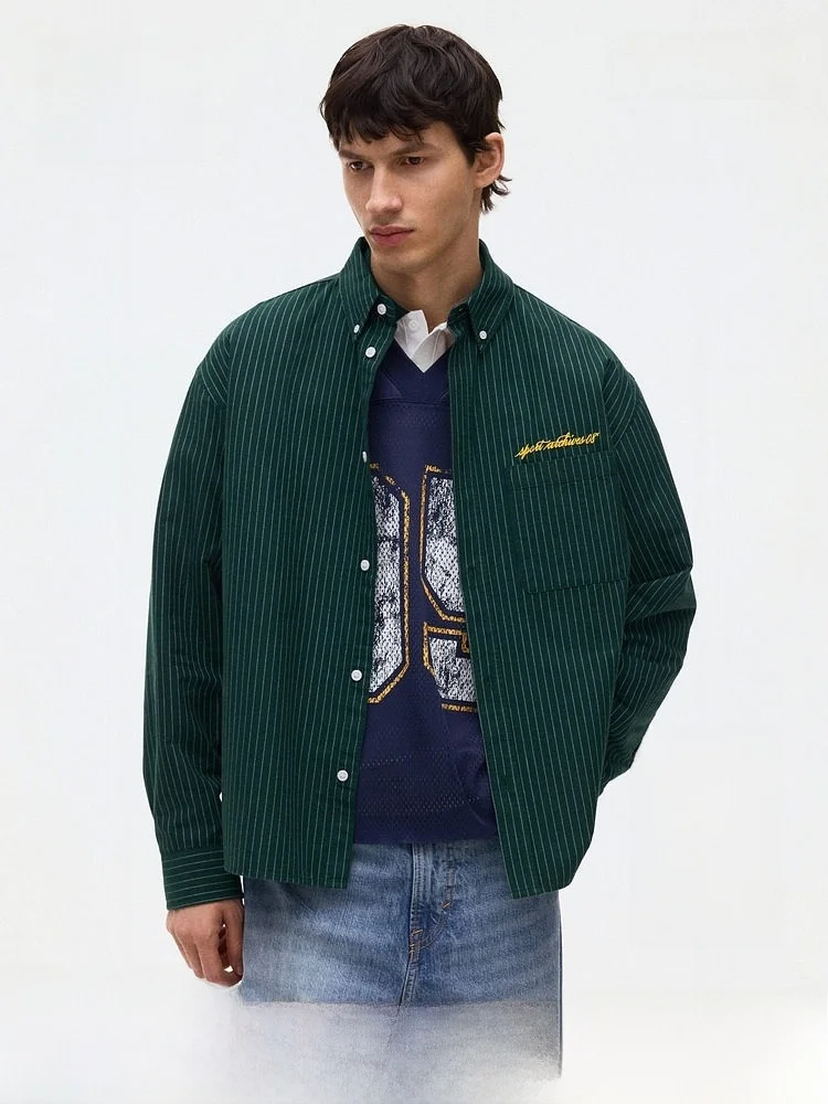 

H&M Men's Oxford Cloth Shirt Cotton Striped Fitting Summer New Style Commute Top Button Long Sleeve Standard Fit Casual Shirt