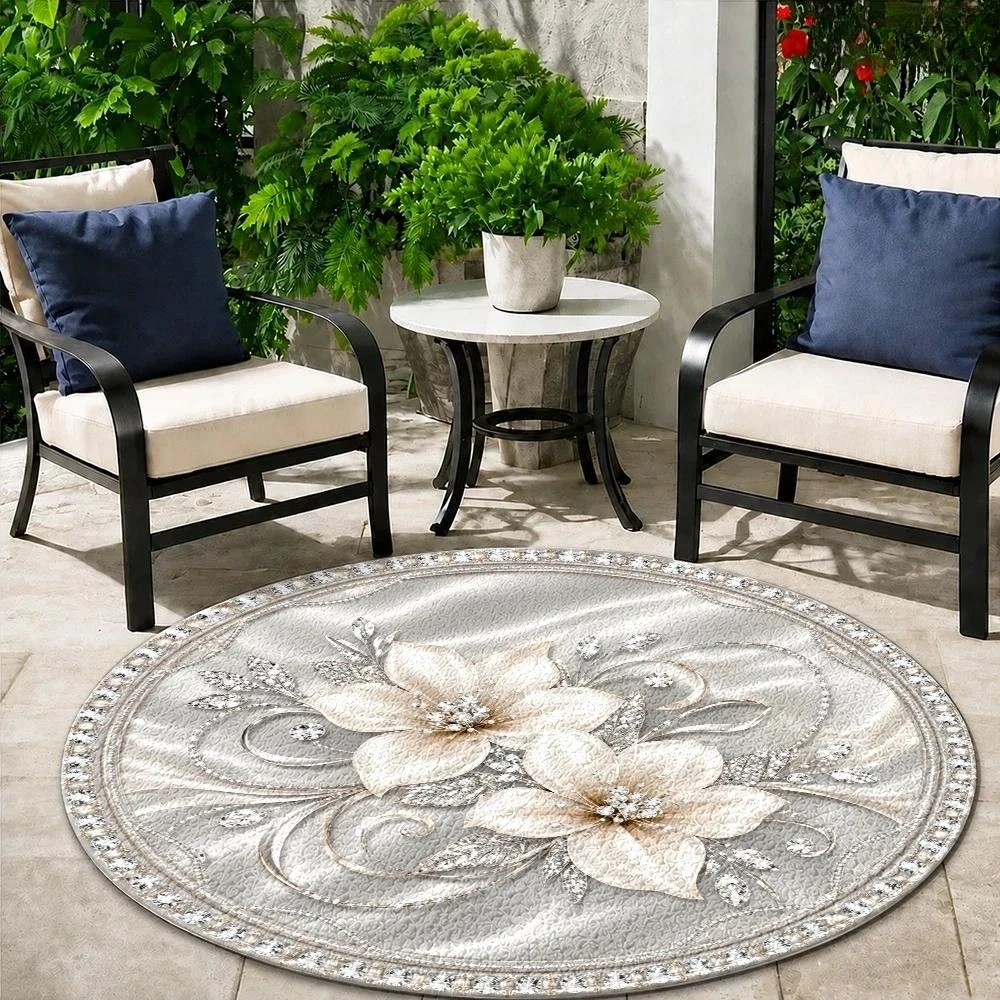 Retro Sketch Blue Forget Me Not Flower Circular Area Rug  Vintage Text Frame Print Anti Slip Round Floor Mat  for Living Room