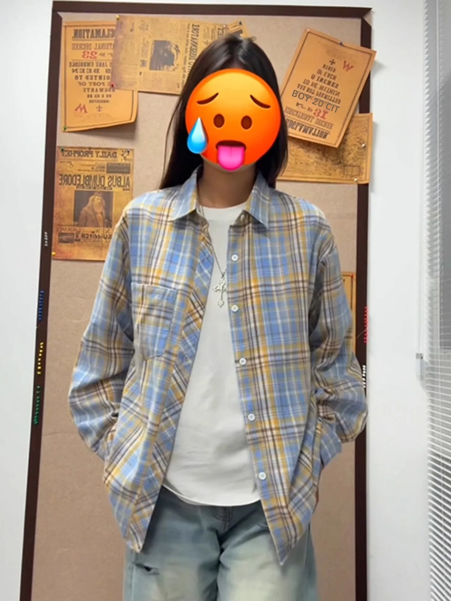 

American High Street Plaid Long Sve irt Men's Autumn Vintage Couple's Outerwear Blue And Yellow Cotton Polyester Blend