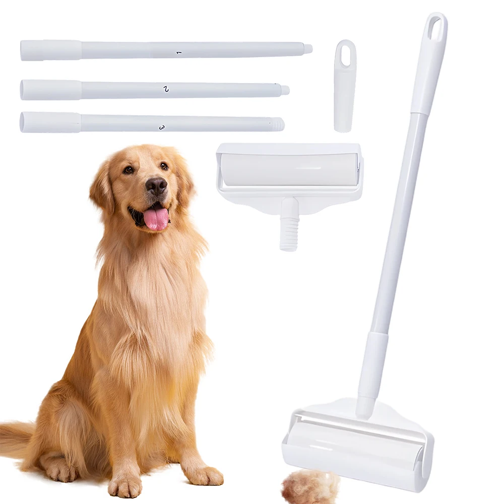 Rouleau anti-poils extensible avec une longueur maximale de 124 cm – Éliminateur de poils d'animaux en spirale – Poignée ergonomique antidérapante – Pour la maison, les tapis, les canapés, les vêtements – 8 patchs