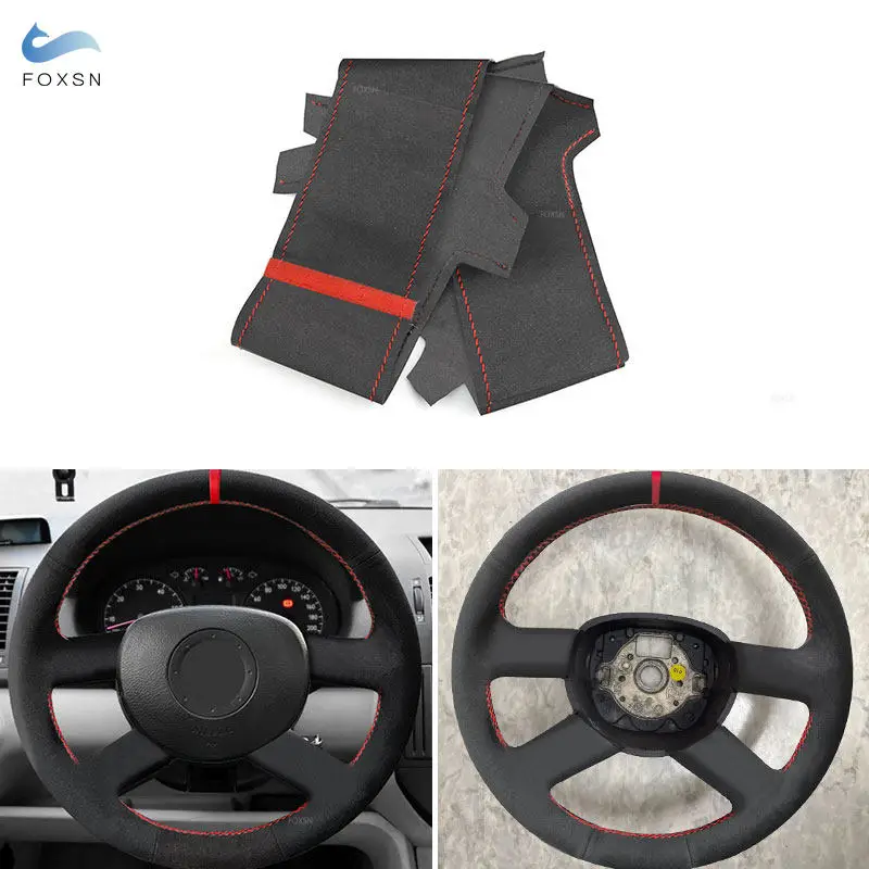 Car Steering Wheel Suede Leather Cover Decorative For VW Golf 5 V Touran 2003 2004 2005 Polo 2003-2006 (4-Spoke) Red Bar Lines