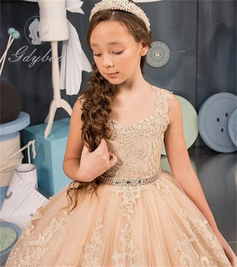 Lace Appliques Flower Girls Dresses Tulle Princess Wedding Pageant Ball Gown with Pearl Belt  Communion Birthday Party Dress