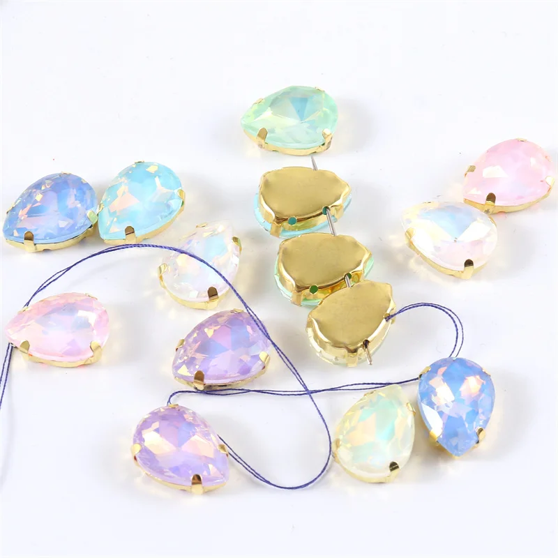 Jelly Teardrop Glass Sew On Rhinestones With Gold Claw Glitter Crystals Stones For Sewing Clothes Shoes diy needlework