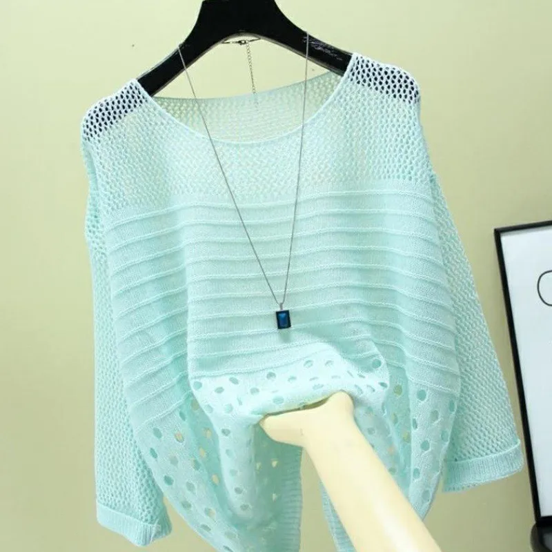 

Летняя тонкая свободная круглая женская трикотажная одежда с вырезом, большой размер, защита от солнца, модный длинный топ для колледжа, длинный...