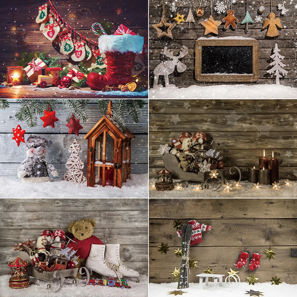 MOON.QG Winter Christmas Photography Background Sleigh Wooden Wall Teddy Bear Photozone Backdrop Child Studio Photocall Supplies