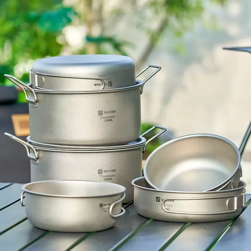 Pure Titanium Pot Outdoor Frying Pan Camping Steamer Soup Pot Cooking Combination Tableware Easily Collapsible Digester Set