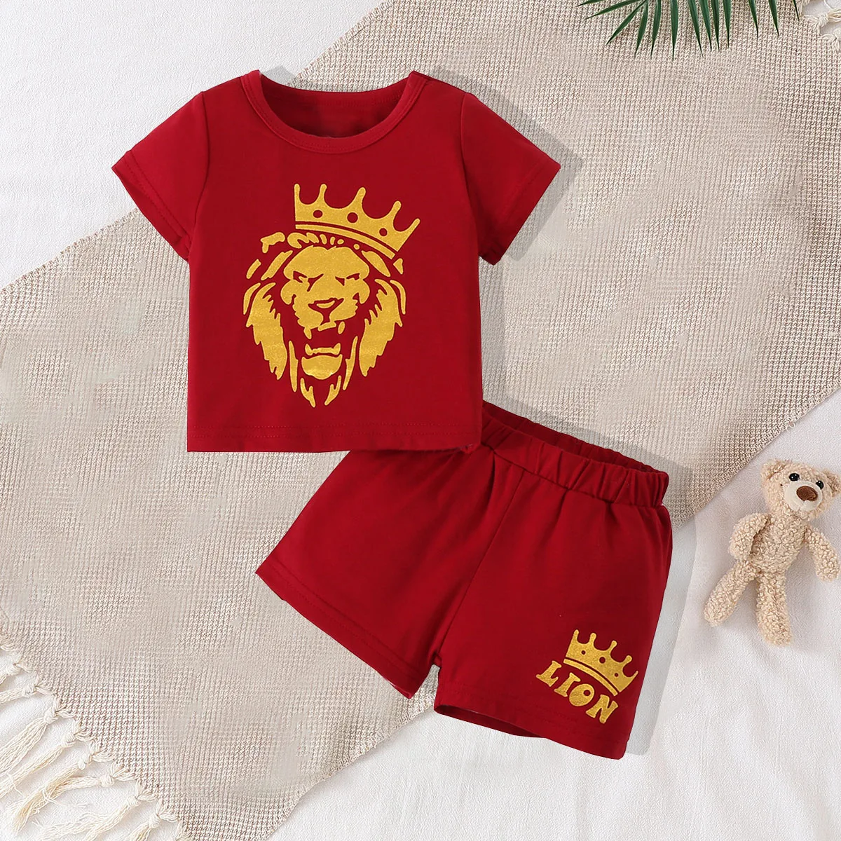 

Two piece set of baby girl lion head fashionable printed wine red short sleeved round neck T-shirt and shorts set