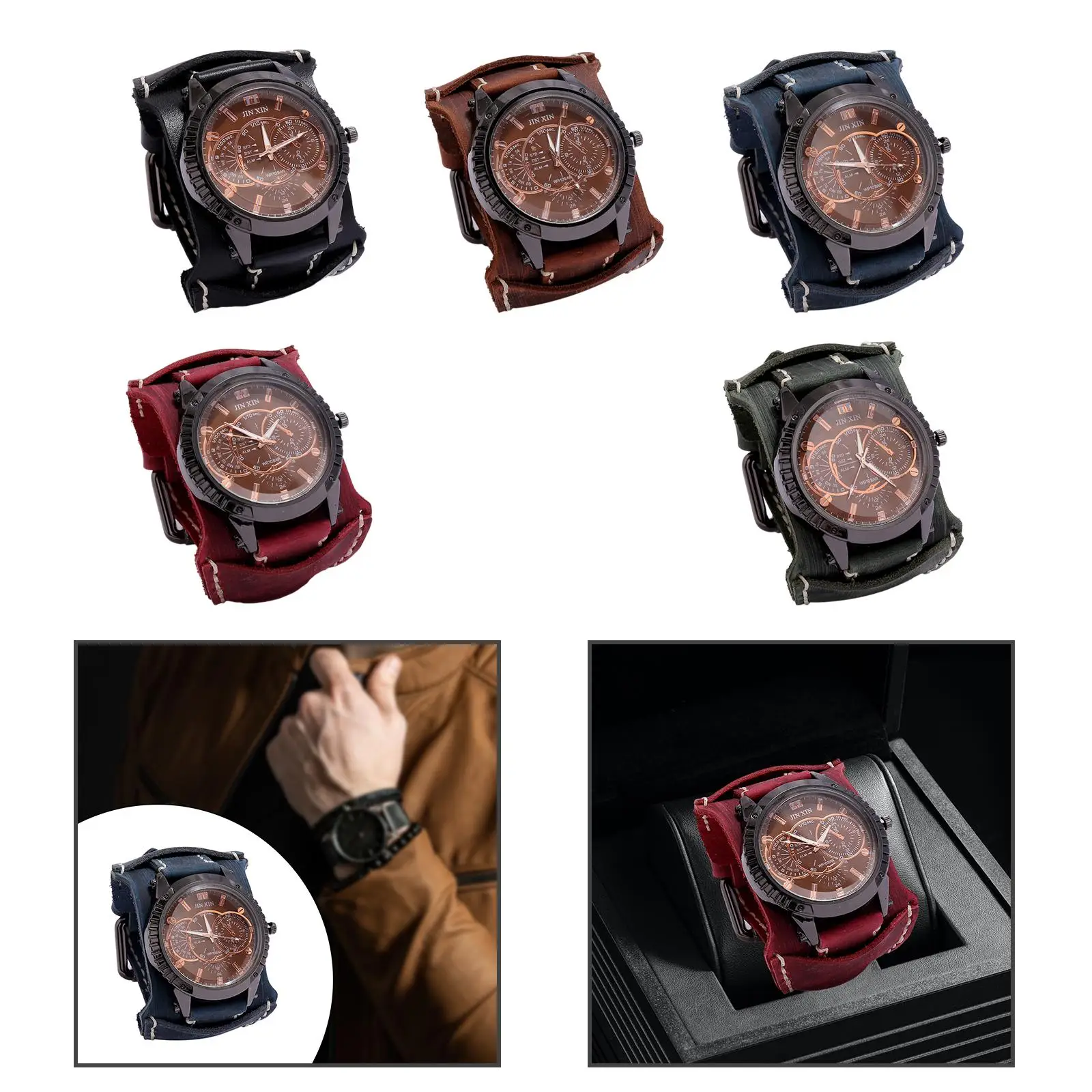 Men Wrist Watch Round Dial Classic Leather Watch Male Wristwatch Cuff Watch for Birthday Gift Husband Commuting Parties Father
