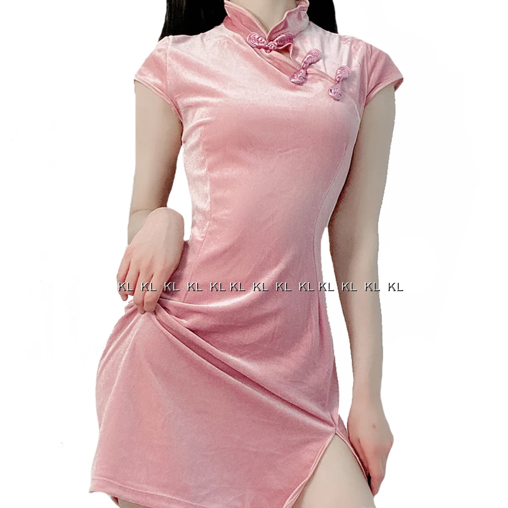 Vintage chinesischen Stil Cheong sam High Split Mini kleid rosa schwarz Gothic Frauen ästhetische Kleider sexy Bodycon Kleid Qipao Vestido