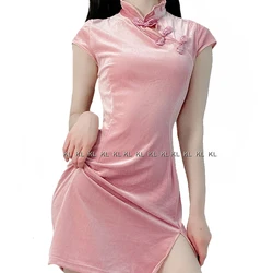 Vintage Chinese Style Cheongsam High Split Mini Dress Pink Black Gothic Women Aesthetic Dresses Sexy Bodycon Dress Qipao Vestido
