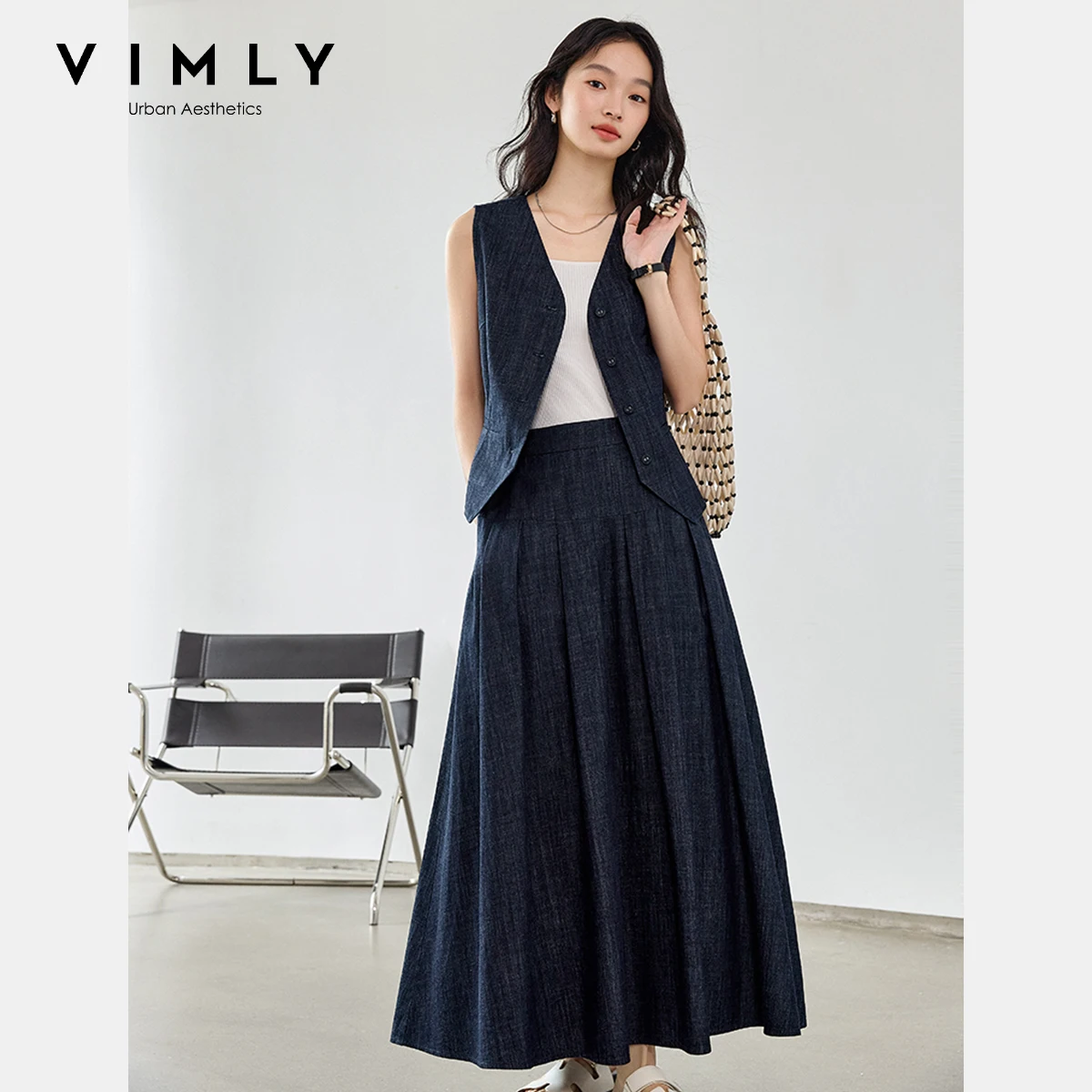 

VIMLY 2 Piece Denim Sets Woman Outfits 2025 Summer Women's Commuter Denim Skirt Suit Waistcoat + Elastic Waist Long Skirt M9780